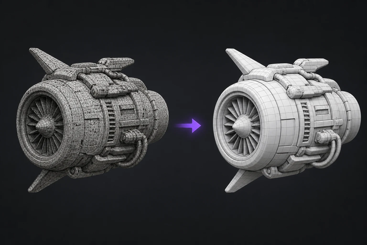 Sci-fi engine mesh rebuilt from a rough scan into clean retopology
