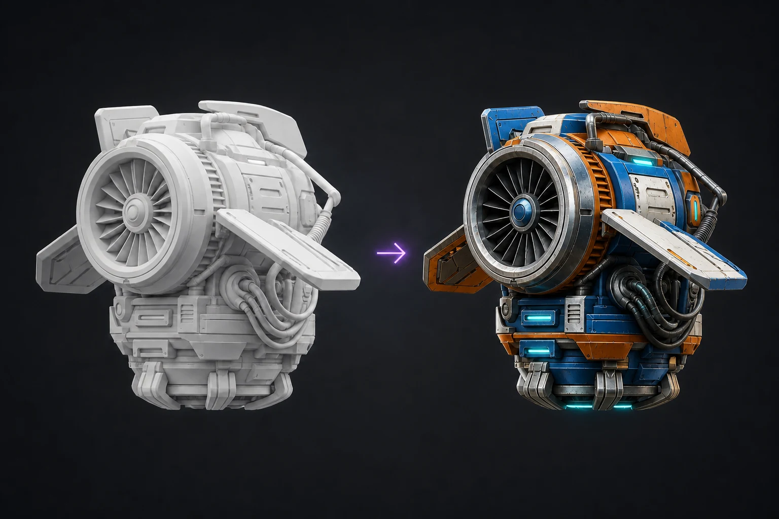 White sci-fi engine model converted into a colorful textured asset